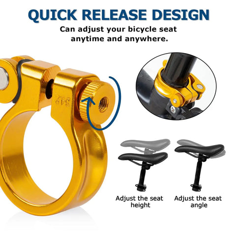 Yellow bike seat post clamp quick release collar fits 28.6mm 31.8mm 34.9mm for MTB mountain road and casual bikes easy lock