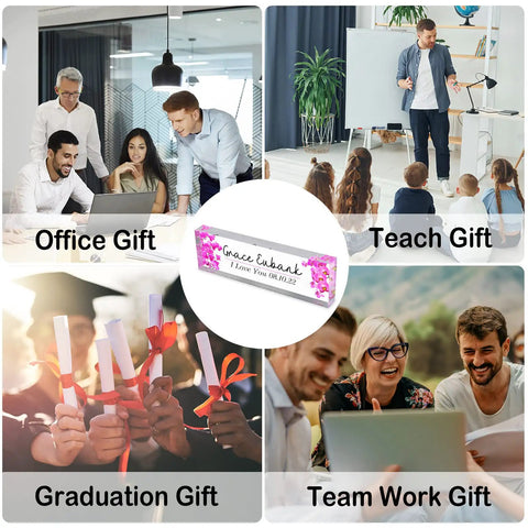 Custom Desk Name Plate For Teachers Acrylic Block Personalize Your Name Title Date Logo Office Desk Sign Gift 8 By 2 And A Half Inch Clear Acrylic Plaque For Classroom And Office shown with various gift ideas: office, teaching, graduation, and teamwork.