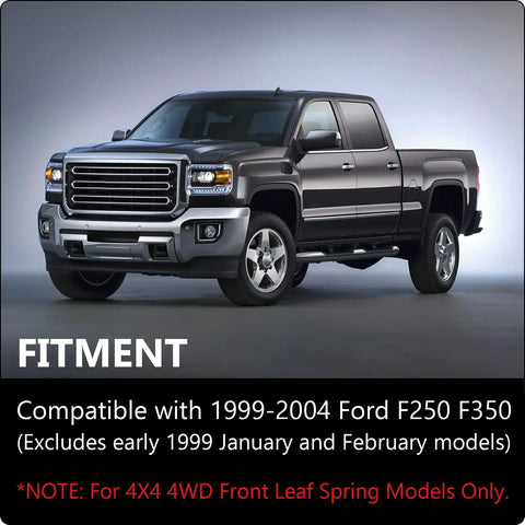 Heavy Adjustable Front Leveling Lift Kit For 1999 To 2004 Ford F250 F350 Super Duty 4X4 showing truck fitment and compatibility.