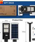 Ultra Bright Solar Street Light With 240 LEDs And 18000mAh Battery, product dimensions and components shown