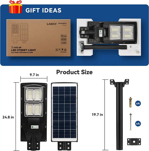 Ultra Bright Solar Street Light With 240 LEDs And 18000mAh Battery, product dimensions and components shown