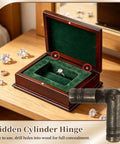 Brass hinge in use on jewelry box, showcasing 5x30mm design for compact storage. Straight Up Boss Quality 50 Pack Barrel Hinges For Jewelry Boxes And Cabinet Doors Slick 5 By 30 mm Brass Hardware Top Shelf Diy Craft Tools And Woodworking Project Essentials.