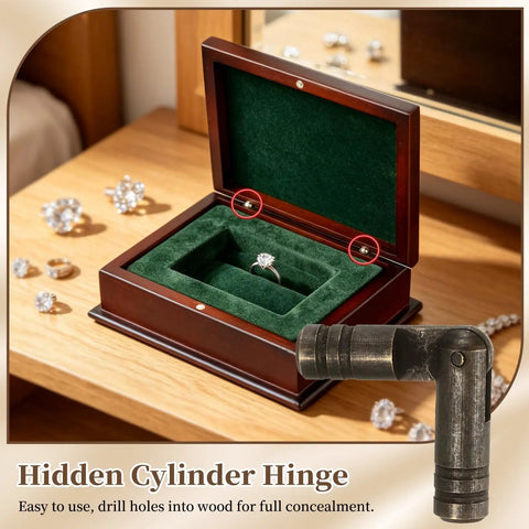 Brass hinge in use on jewelry box, showcasing 5x30mm design for compact storage. Straight Up Boss Quality 50 Pack Barrel Hinges For Jewelry Boxes And Cabinet Doors Slick 5 By 30 mm Brass Hardware Top Shelf Diy Craft Tools And Woodworking Project Essentials.