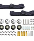 Adjustable Robot Tank Track Kit With Drive Gears And Pin Removal Tool For DIY RC Cars, Robotics Builds, And Model Vehicles, Durable Tracks, Easy Assembly, Spares Included, shown with components visible including tracks, drive gears, bolts.