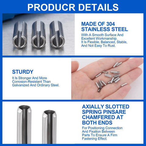 50 Pack Slotted Spring Pins Made From Rock Solid 304 Stainless Steel Sized At 5 64 X 5 16 Inch With A Slick Silver Finish on a hand.