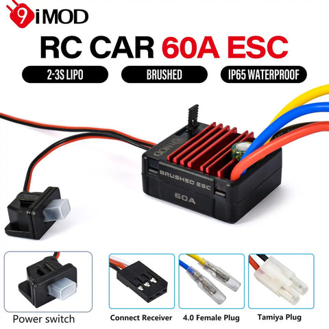 60A Waterproof Brushed ESC For 2-3S LiPo RC Cars Boats Trucks 1/10 Scale Crawler With Tamiya Plug WP1060 Power Witch Brushed Speed Controller Beef Up Your Rig Today showing ESC unit, wires, and connectors.