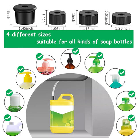 47 Inch Sink Soap Dispenser Extension Tube Kit With Upgraded Check Valve featuring multi-size caps and soap bottle compatibility diagram.