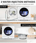Portable Countertop Dishwasher With Six Wash Cycles Triple D Spray Arms And High Temp Drying showing faucet and self-priming water modes.