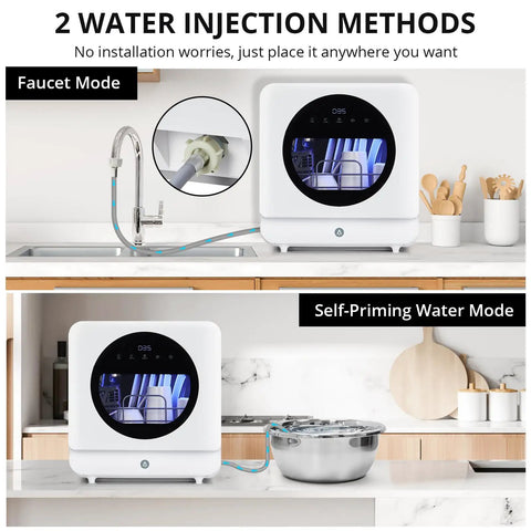 Portable Countertop Dishwasher With Six Wash Cycles Triple D Spray Arms And High Temp Drying showing faucet and self-priming water modes.