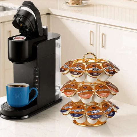 Rotating K Cup Carousel Holder 3 Tier Organizer That Fits 27 K Cups Spins 360 Degrees Anti Slip Base No Assembly Gold Finish