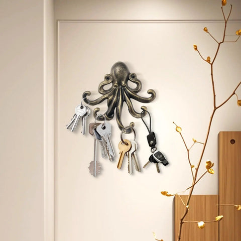 Tough As Nails 2 Pack Octopus Wall Hooks Heavy Duty Cast Iron 5 Arm Design Holds Up To 55 Lbs Antique Bronze Finish with keys.