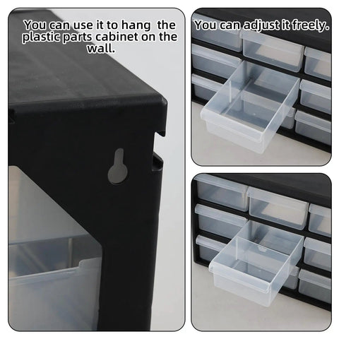 Top Shelf Nine Drawer Plastic Storage Cabinet With Easy Adjust Dividers For No Sweat Organization showing adjustable drawers and wall mount features.