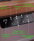 Top Notch Adjustable Standing Desk With Roomy Hidden Storage Drawers And No Sweat Preset Height Adjustments Featuring Built In Headphone Hook And Clean Natural Wood Finish For Solid Home Office Workstations control panel showing height adjustment and memory buttons.