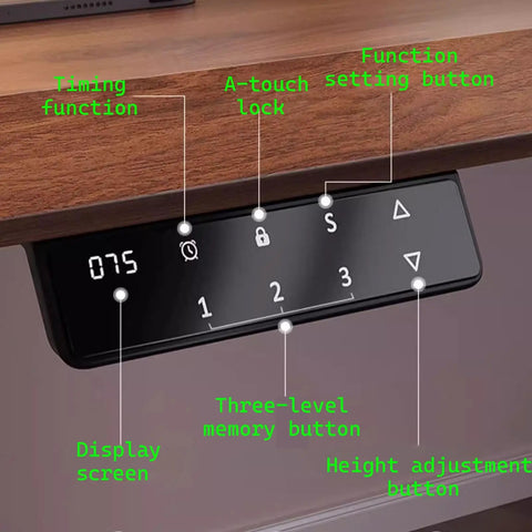 Top Notch Adjustable Standing Desk With Roomy Hidden Storage Drawers And No Sweat Preset Height Adjustments Featuring Built In Headphone Hook And Clean Natural Wood Finish For Solid Home Office Workstations control panel showing height adjustment and memory buttons.