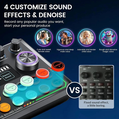 Close-up of sound card in Upgraded Dual Mic Podcast Kit Bundle With Denoise And 10 Built In Effects Plus 4 Custom Sound Pads Bluetooth Wireless Music