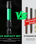 Comparison between 10x flexibility impact bit and standard bit, showing durability for impact drivers