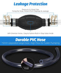 Gasoline siphon hand pump with two premium clear PVC hoses (15 mm) and clamps, Amazon brand.