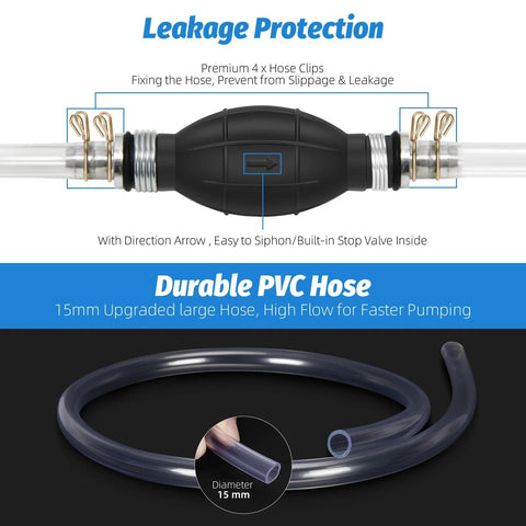 Gasoline siphon hand pump with two premium clear PVC hoses (15 mm) and clamps, Amazon brand.