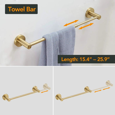 Image of All-In-One Bathroom Accessories Set With Adjustable 16 To 26 Inch Towel Bar in brushed gold, wall mounted