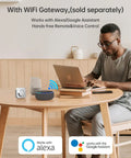 Man working at a table with smart devices, compatible with Alexa and Google Assistant, promoting smart home integration.