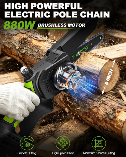 4 In 1 Pole Saw And Electric Pruning Shears Kit With An 8 Inch Bar For Tree Trimming on logs, showing brushless motor
