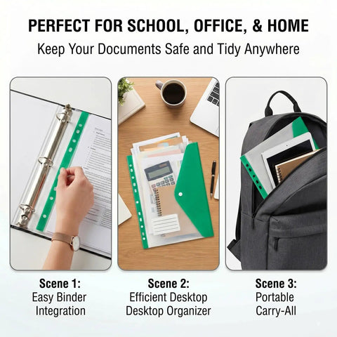 Expandable 11 Hole File Pockets For School And Office, 200 Sheet Capacity in binder, on desk, and in backpack