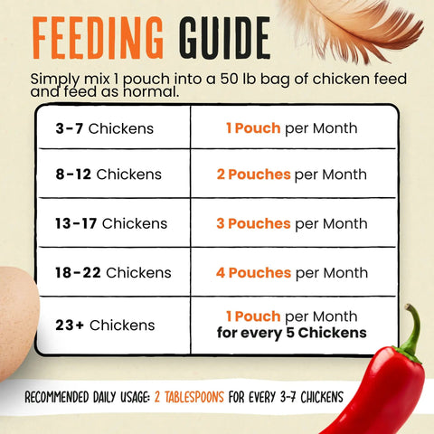 Feeding guide for Natural Chicken De-wormer Chili Mix for Healthy Flocks and Happy Eggs, showing pouch usage per chicken numbers.