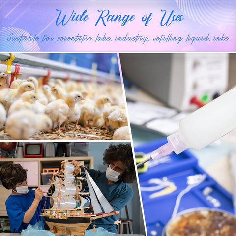 Wide range of uses illustration showing lab, ink refilling, and cleaning chicks with 30 Gauge 1/2 Inch Luer Lock Disposable Needles.