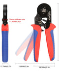 Side and front view of Pro Grade Ferrule Crimping Tool Kit with 1900 Wire Ferrule Terminals for AWG 23 to 7, red and blue handle