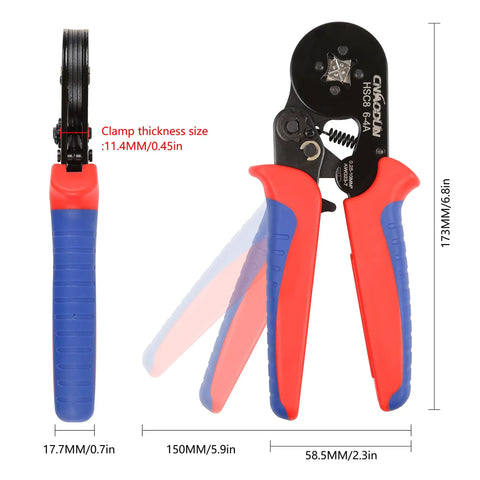 Side and front view of Pro Grade Ferrule Crimping Tool Kit with 1900 Wire Ferrule Terminals for AWG 23 to 7, red and blue handle