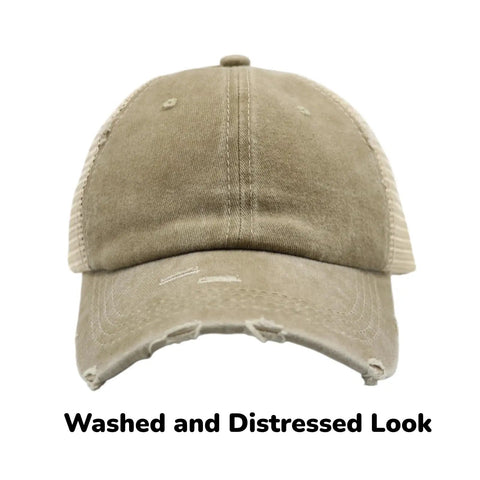 Front view of Womens Ponytail Cap With Dual High And Low Openings For Messy Buns And Thick Hair Distressed Washed Dad Hat