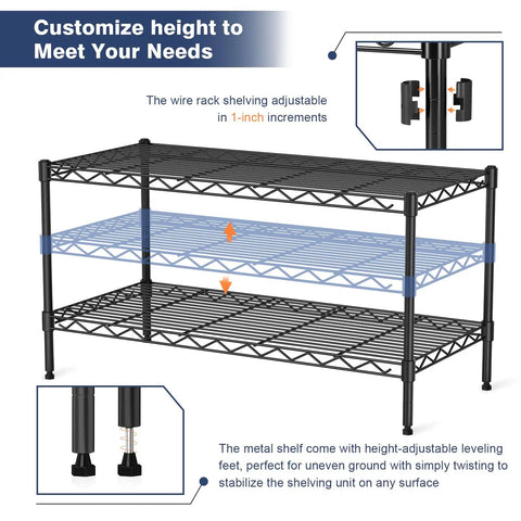 Two Tier Wire Shelving Unit, Adjustable Heavy Duty Metal Storage Rack With Smooth Rolling Caster Wheels, Black Garage Organizer Built Tough For Tools Kitchen Gear Or Books, No Sweat Setup That Stacks High Without Fuss.