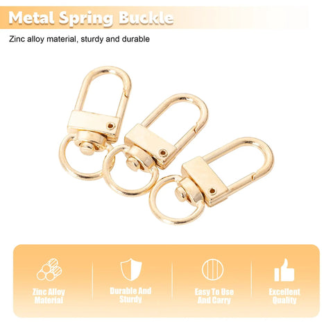 Top Tier Gold Metal Lobster Claw Clasps Featuring Smooth 360 Swivel Action With 20 Pack Ready To Rock Keychain Hardware Including Matched Split Rings For Bags And Craft Projects on a white background.
