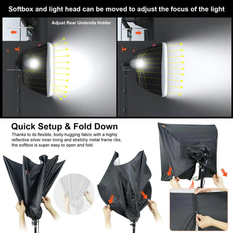 AM169 Photo And Video Studio Light Kit With 3 Backdrops Black White Green Including Two 24x24 Softbox Reflectors adjustment setup