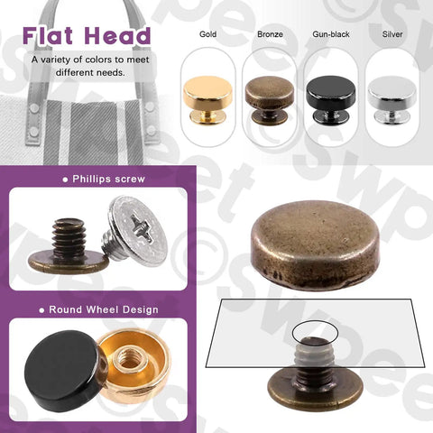 Premium Bronze Screw Back Rivets Stud Set With 32 Round Caps close-up showing flat head design and Phillips screw features.