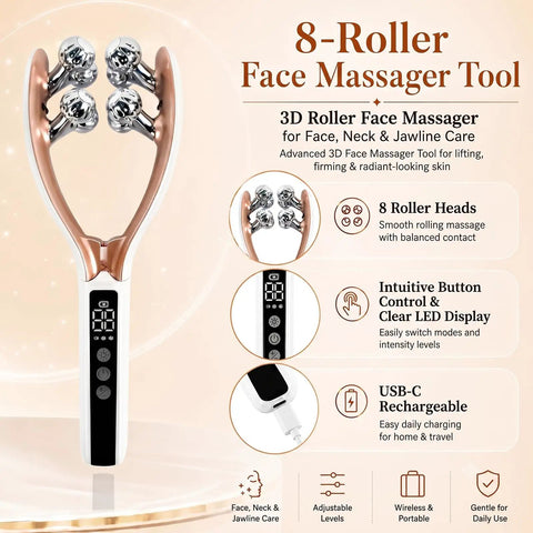 Wireless Face Massager With 8 Roller 3D Face Roller LED Light Therapy Massager with LED display and USB-C charging port