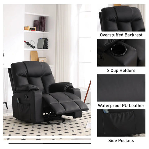Oversized Swivel Rocker Recliner With Heated Massage, 40 Inch Rocking Chair In PU Leather, Dual Cup Holders, Black Finish