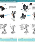 Top Shelf Brushless Cordless Power Tool Combo Kit featuring Oscillating Tool and Circular Saw Attachments.