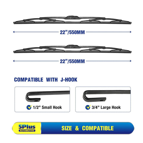 Heavy Duty Traditional Metal Windshield Wiper Blades Two Pack 22 Inch J Hook fits Ford F150 F250 F350 with J-hook compatibility detail.