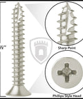 Heavy Duty Satin Nickel Door Hinge Wood Screws Number 9 X 1-1/2 Inch with sharp point and Phillips style head