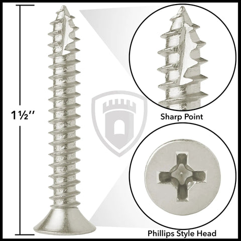Heavy Duty Satin Nickel Door Hinge Wood Screws Number 9 X 1-1/2 Inch with sharp point and Phillips style head