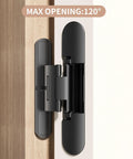 Built Tough 6-Inch Hidden Door Hinge With 3 Way Adjustable Concealed Mechanism Heavy Duty Steel Construction showing max opening of 120 degrees.