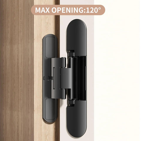 Built Tough 6-Inch Hidden Door Hinge With 3 Way Adjustable Concealed Mechanism Heavy Duty Steel Construction showing max opening of 120 degrees.