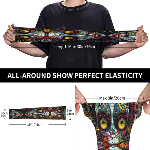 Top Tier Ice Silk Cooling Arm Sleeves With Bold Fantasy Prints shown stretched to max length of 30in, showcasing elasticity and vibrant design.