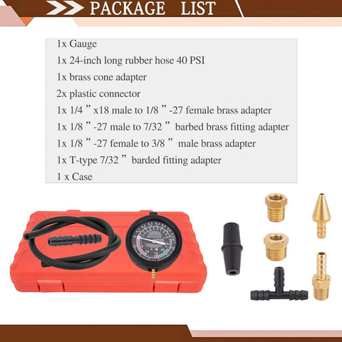 VECKYJL vacuum gauge tester kit for automotive, orange case with hose and brass adapters.