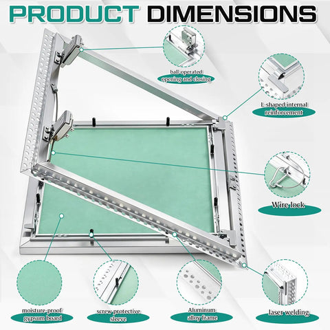 Rock Solid 12X12 Aluminum Drywall Access Panel With Paintable Wall Inspection Hatch and Smooth Hinged Service Door features and dimensions.