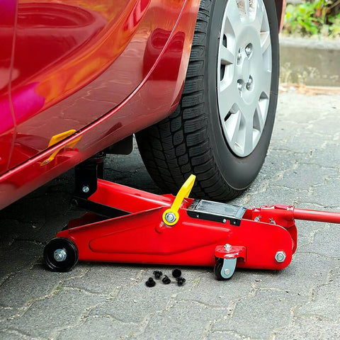 Car raised with jack, shows five pack hydraulic jack oil plugs for floor and bottle jacks flat head reservoir filler plugs rubber bung