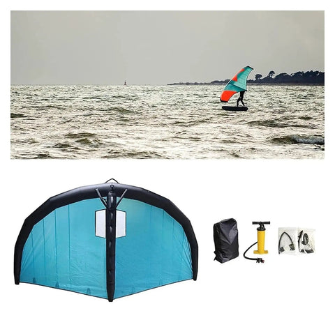 Inflatable Windsurf Wing For Windsurfing And Kitesurfing, Durable Tear-Resistant Nylon Foil Board Wing with accessories shown and rider on water