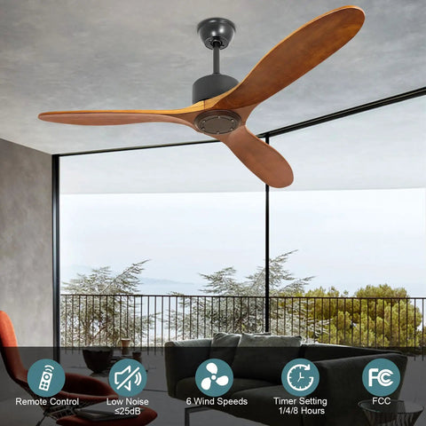52 Inch Wood Ceiling Fan No Light With Remote For Indoor And Covered Outdoor Spaces Durable Rubber Wood 3 Blade Brown AC Motor Timer Vintage Style Dope Airflow For Living Room And Porch installed in modern living room.