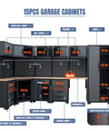 Pro Grade Heavy Duty Garage Corner Storage Cabinet System With Workbench And Pegboard 15 Piece Set, labeled parts